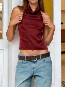 Womens Summer Halter Tops Summer Fashionable Solid Color Slim Fit Cowl Neck Backless Satin Vest - Burgundy - View 6