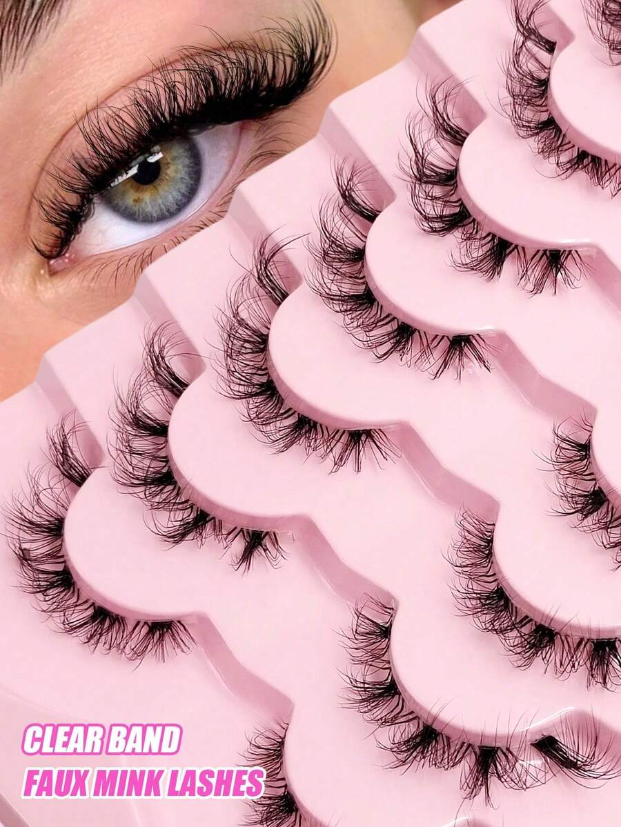 Asiteo 7 Pairs Dramatic Cat Eye Style False Eyelashes, Transparent Band Natural Soft Fluffy Faux Mink Lashes