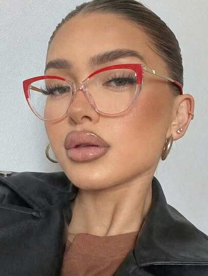 1 Pair Women's TR90 Cat Eye Red & Pink Splice Playful Youthful Daily Wear, Metal Large Frame Fashionable Viral Y2K Decor Non-Prescription Glasses Computer Glasses