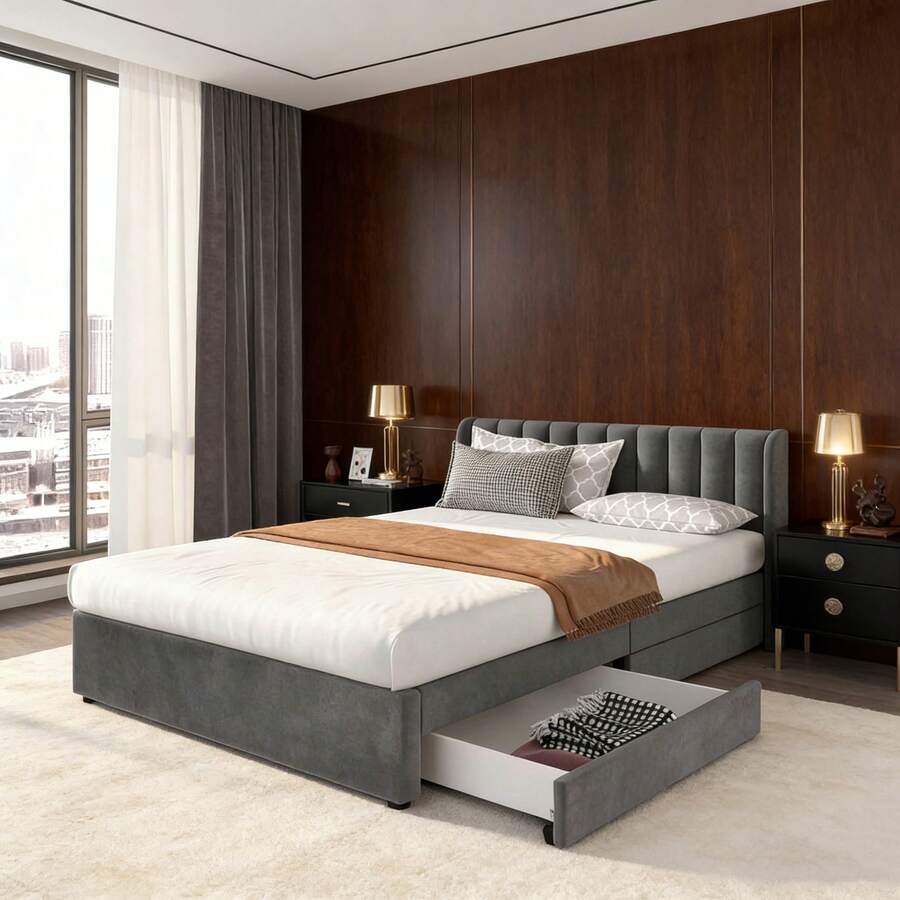 Bed Bases & Foundations - Gray + Velvet + 160cm*200cm - View 1