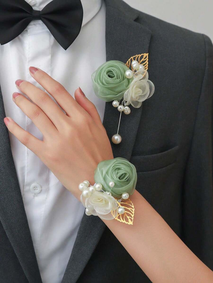 1pc/2pcs/6pcs Green Rose With Lace, Small Flowers, Beads And Gold Leaves High-End Corsage And Wrist Flower For Groom, Bride, Groomsman, Bridesmaid Wedding, Engagement, Party, Banquet, Anniversary, Event - Multicolor - View 1