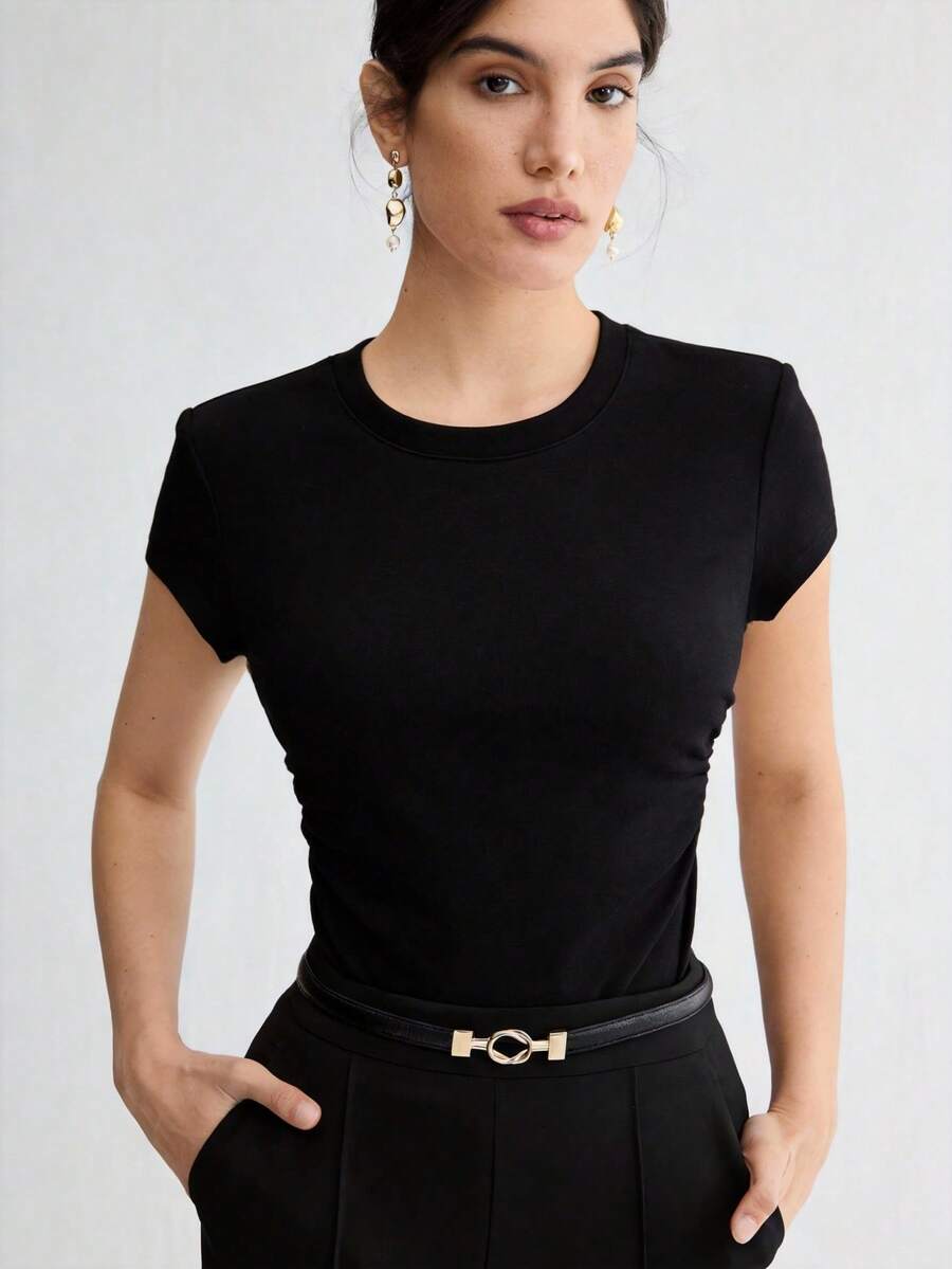 Women's Y2K Commuter Style Black Fitted T-Shirt, Round Neck Short Sleeve Basic Top, Stretchy Slimming Undershirt Casual Summer - Black - View 1