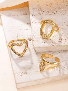 Set de 2 anillos de acero inoxidable con forma geométrica de corazón, O y gota de agua con diamante de imitación, adecuado para uso diario o de fiesta de mujeres, regalo para el Día de San Valentín - Dorado - Ver 3