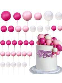 32pcs Colorful Ball Cake Toppers, Suitable For Decorating Birthday Party And Wedding Cupcakes And Cakes, Includes Pink, Yellow, Blue, Purple And Green Pearl-Like Spheres - Multicolor - View 14