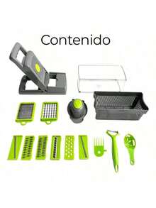 HuaTang Cortador de Verduras 12 en 1, Picador de Verduras con 8 Cuchillas de Acero Inoxidable, Cesta Coladora para Frutas y Verduras, Cortador de Mandolina para Cocina, Uso del Hogar y Profesional - Verde - Ver 2