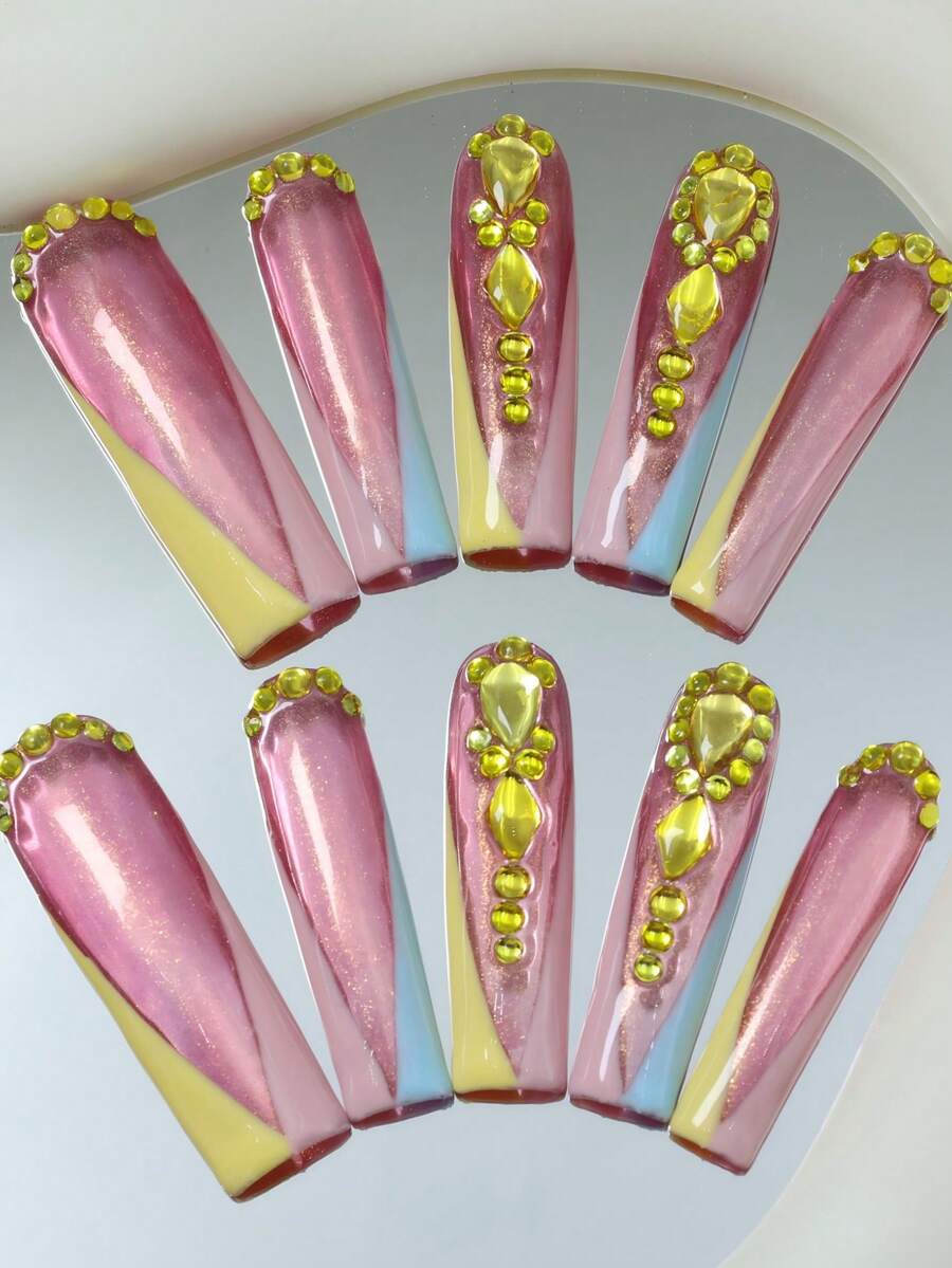 CrystalHola Valentine's Day : 10 Handmade Press-On Nail Stickers, French Square Long Nails, Pink Pearlescent Finish With Yellow Rhinestones, Full Coverage, Removable And Reusable, Long-Lasting And Durable, Unique Summer Nail Art, A Stylish Necklace Essential For Parties And Weddings. Nail Supplies - Multicolor - View 1