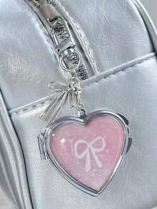 1pc Pink Heart-Shaped Double-Sided Folding Compact Mirror Makeup Bag With Metal Keychain - Multicolor - View 6