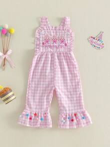 Little Girls Birthday Cami Jumpsuit Sleeveless Letter Balloon Embroidery Plaid Suspender Flared Pants - 粉色 - 查看 6