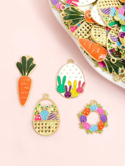10个十字纹复活节彩蛋、兔子和胡萝卜滴油合金吊坠，创意项链手链耳环胸针服装装饰DIY卡通吊坠 - 非常适合春季珠宝制作和节日装饰
