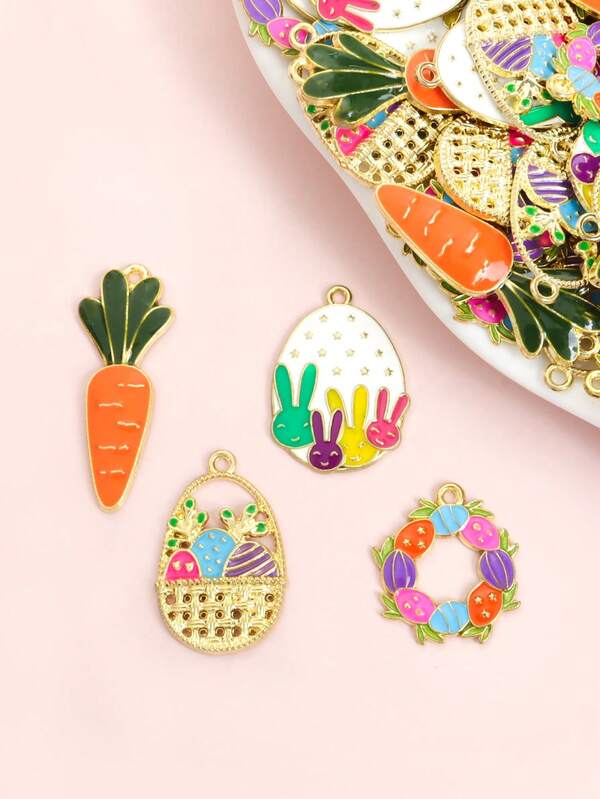 10个十字纹复活节彩蛋、兔子和胡萝卜滴油合金吊坠，创意项链手链耳环胸针服装装饰DIY卡通吊坠 - 非常适合春季珠宝制作和节日装饰