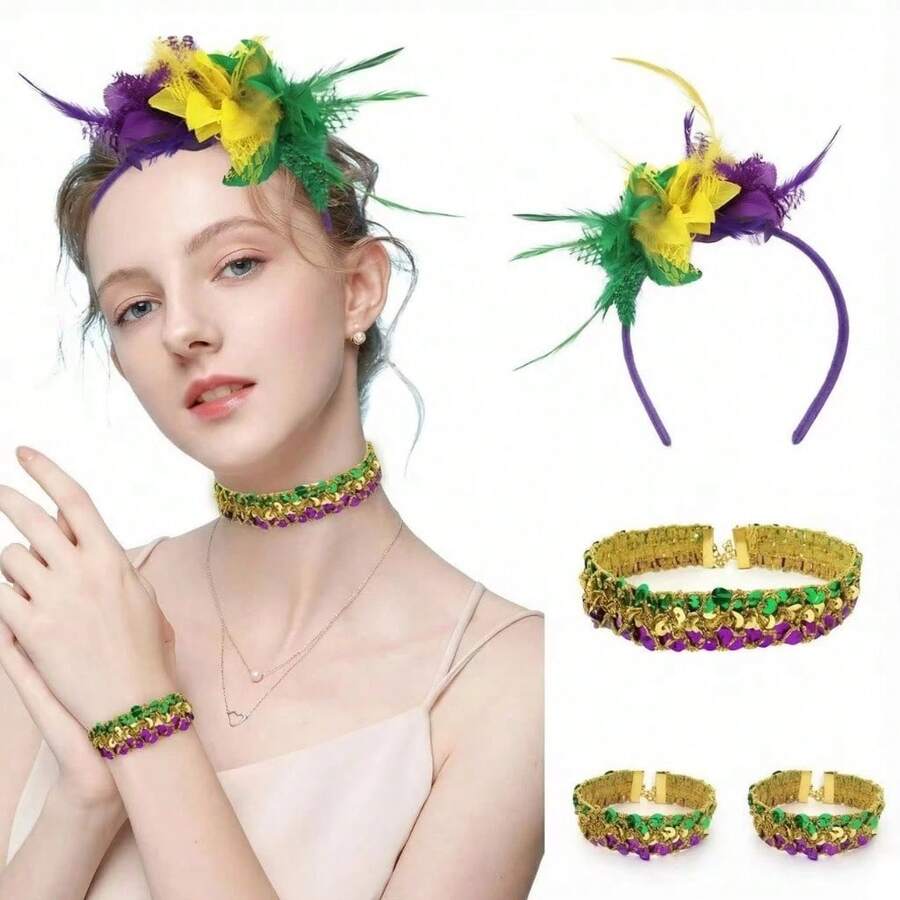Fantasia Carnaval Tiara Com Pena Colar Choker Pulseira Acessórios Festa Temática Bloquinho Folia - Multicolorido - Visão 1