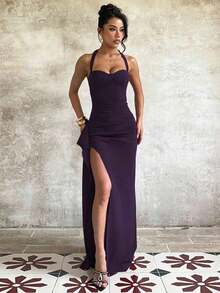 1pc Elegant Solid Color Asymmetric/Asymmetrical High Slit Backless Dress, Suitable For Parties, Weddings, All Seasons - Mận đậm - Xem 2