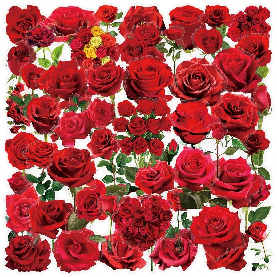 50 Pcs Transparent Red Rose Stickers - PET Waterproof For Wedding, Proposal & Gift Boxes, Phone Cases - 50PCS - View 1