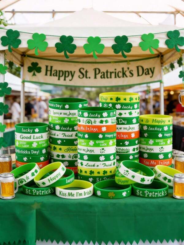 20pcs St. Patrick's Day Rubber Bracelets, Silicone Material, Suitable For St. Patrick's Day Party Favors, Clover Pattern, Gifts For Teens, Holiday Party Supplies, St. Patrick's Day Bracelets, Clover Design, Bulk, St. Patrick's Day Party Favor Fillers, Green Irish Bracelets, St. Patrick's Day