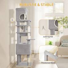 178cm Cat Tree For Indoor Cats, Multi-Layer Scratching Post With Large Platform, 2 Caves, 7 Sisal Posts, Pompoms, Cat Basket, Hammock, Suitable For Cats, Light Grey - Light Grey - View 4