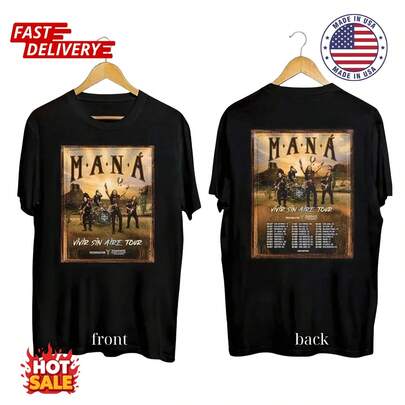 Mana Band Tour Inspired Uni  Maná Vivir Sin Aire Tour 2025 T-Shirt 2 Sides Suitable for year-round wear, 220g pure cotton single-sided printed crew neck short-sleeve T-shirt, unisex personalized top, the best gift for Halloween and Christmas.
