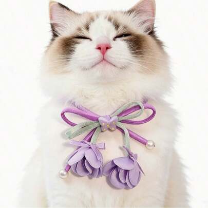 1件可调节蝴蝶结、花朵和珍珠宠物项链，适合小型/中型犬猫，公主系列，仙女风格，可爱、俏皮、优雅，佩戴方便，不勒脖子，宠物节日配饰，生日礼物，派对礼品，宠物用品