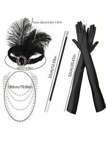 Bộ phụ kiện trang phục thanh lịch thập niên 1920 dành cho nữ, gồm 5 món, phụ kiện cổ điển sang trọng phù hợp cho tiệc độc thân, lễ hội hóa trang, bao gồm băng đô, găng tay và đạo cụ, bộ 4 món dùng để trang trí ngày lễ. - Nhiều màu - Xem 7