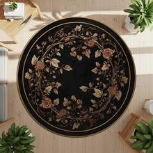 Elegant Black Floral Round Rug For Living Room, Bedroom, Entryway - Vintage Botanical Style Circle Carpet For Women, Couples & Stylish Homes - 1PC - 查看 2
