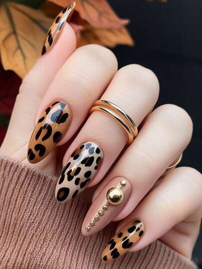24pcs Press On Fake Nails French Leopard Print, Nails Supplies Art Perfect For Everyday Wear