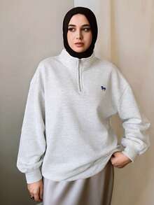 Livesso Women's Loose Fit Pullover Sweatshirt With Collar & Embroidery Pattern,Long Sleeve Tops,Fall Clothes - Grey - View 4