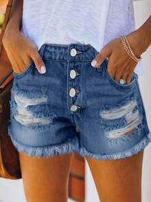 Premium Women's Mid-Rise Denim Shorts - Dark Wash - View 1