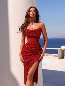 ADYCE Elegant Sequin Spaghetti Strap Mesh Patchwork Sheer High Waist Slit Criss-Cross Tie Midi Party Dress, Suitable For Prom, Birthday Party, Formal Dinner, Date, Homecoming, Wedding Guest, Cocktail Party, Family Gathering And More Occasions, Valentine's Day - Red - View 1