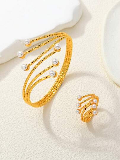 2件套金色仿珍珠镶嵌扭纹手镯戒指套装，斋月期间馈赠亲友的最佳礼物