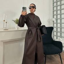DAZY Jaket Kulit Panjang Wanita Warna Polos, Potongan Reguler, Pakaian Wanita Musim Gugur - Coklat - View 2