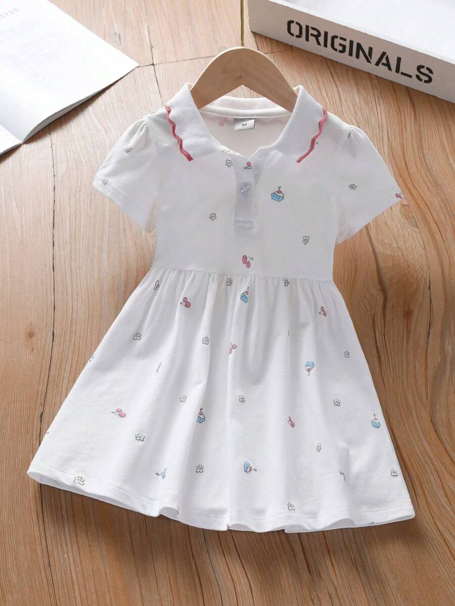 Vestido polo casual de verano con estampado integral de manga corta para niñas jóvenes - Blanco - Ver 1
