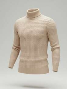 Men's Casual Versatile Ribbed Knit Turtleneck Sweater, Long Sleeve Top - Apricot - View 3