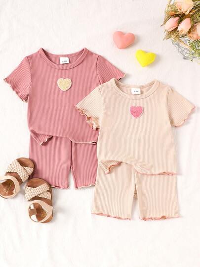 4pcs/Set Toddler Girls' Cute Casual Minimalist Heart Print Short Sleeve Outfit, Comfortable For Home Wear, Summer