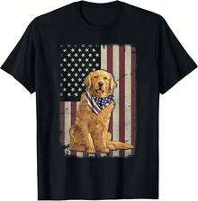 Golden Retriever American Flag Bandana 4th Of July Tshirt T-Shirt - Negro - Ver 1