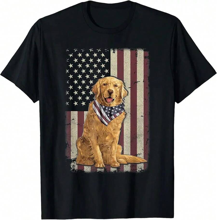 Golden Retriever American Flag Bandana 4th Of July Tshirt T-Shirt - Negro - Ver 1