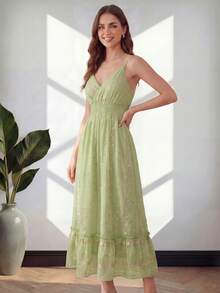 MODA MO, REF: N00429 - Vestido longo feminino de alças finas com estampa floral, estilo boho romântico, perfeito para o verão, decote em V, amarração na cintura, ideal para ocasiões formais e festas noturnas. - Verde - Visão 2