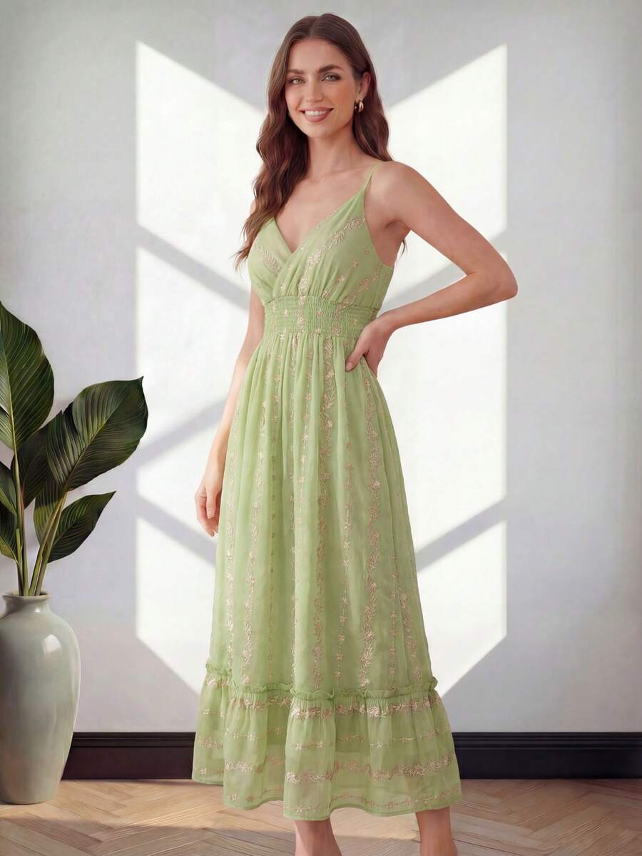 MODA MO, REF: N00429 - Vestido longo feminino de alças finas com estampa floral, estilo boho romântico, perfeito para o verão, decote em V, amarração na cintura, ideal para ocasiões formais e festas noturnas.