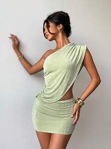Women's Spring/Summer Green Elegant Asymmetric Shoulder Ruched Backless Fitted Mini Dress, Sexy Hollow-Out Party Club Cocktail Gown, Summer Beach Holiday Fashion - Green - View 7