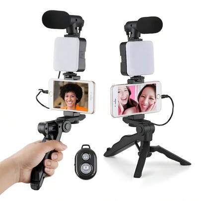 Estabilizador Para Celular Camara Kimhi Base Soporte Con Tripie De Mano, Luz De Relleno Led, Microfono Y Control Kit De Video Grabacion Tripode Portatil