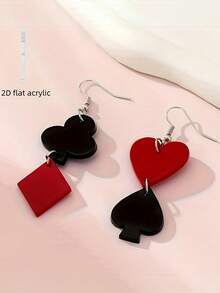 1 Pair Asymmetric Geometric Playing Card Pendant Earrings In Red & Black, Fashionable & Playful, Suitable For Daily Wear Or Party - Earrings - View 1