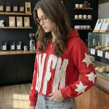 INCN Vintage Inspired Star Patch Embroidered Wash-Effect Couples Hoodie & Zippered Cardigan - Red Distressed Casual Wear For Men, Street Fashion, Comfortable Oversized Fit, Perfect For Fall - 紅色 - 查看 4