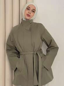 Livesso Loose Fit Long Sleeve Belted Pocket Women Trench Coat Women Jacket,Fall Women Clothes - Green - View 4