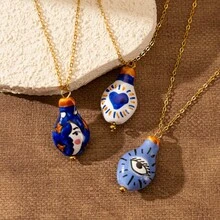复古艺术手绘双面相同图案花瓶形爱心月亮恶魔眼蓝色系列DIY项链吊坠自由组装配件 - 金色 - 查看 5