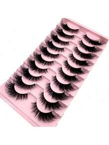 10对3D蓬松貂毛假睫毛，D卷翘猫眼假睫毛，自然纤细黑色睫毛杆，可重复使用，日常佩戴 - 黑色 - 查看 6