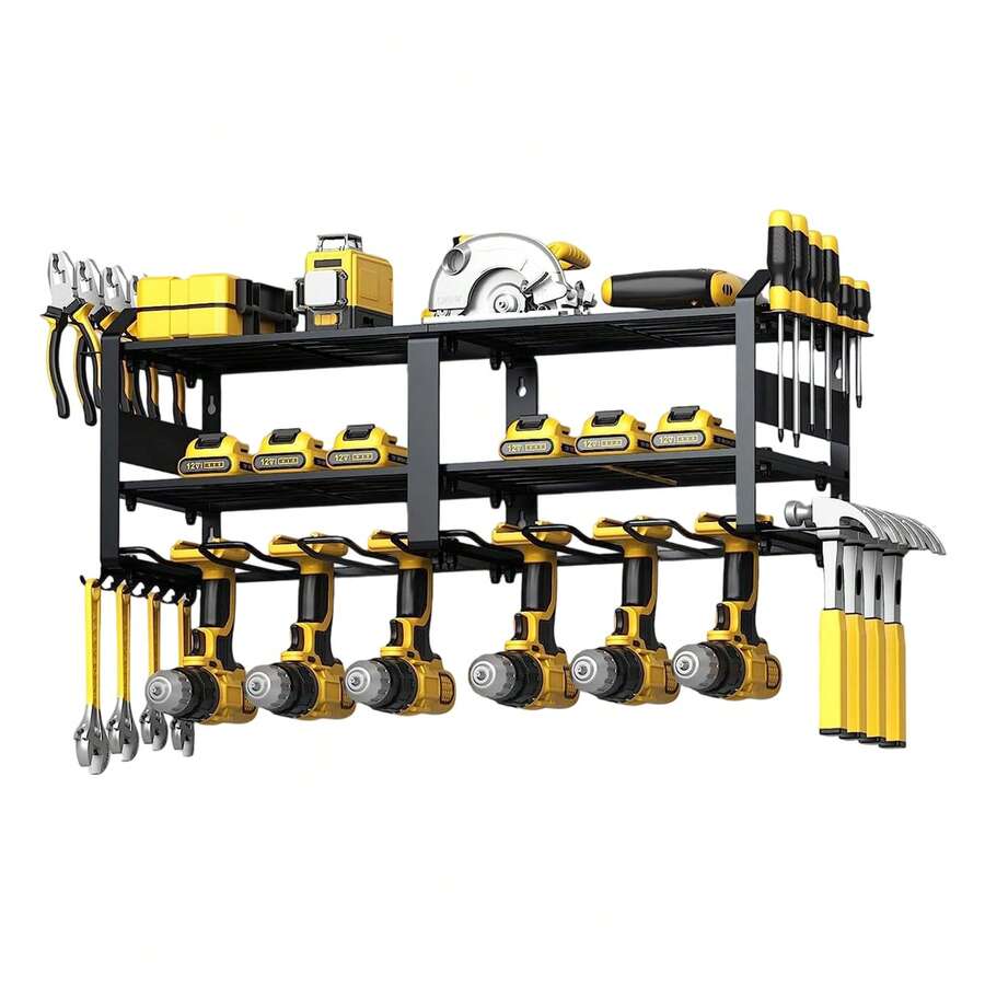 Estante de almacenamiento de pared para herramientas eléctricas, con niveles de metal resistente para organizar herramientas en el garaje, completo con soportes para destornilladores, alicates y martillos, lo que lo convierte en un regalo perfecto para el Día del Padre o Navidad, estantes utilitarios - Negro - Ver 1