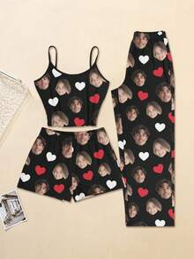 Printstory Customized Women's 3 PiecesPajama Set, Customizable With Any Pattern, Suitable As A Gift For Family, Friends Or Holiday Parties - Black - View 3