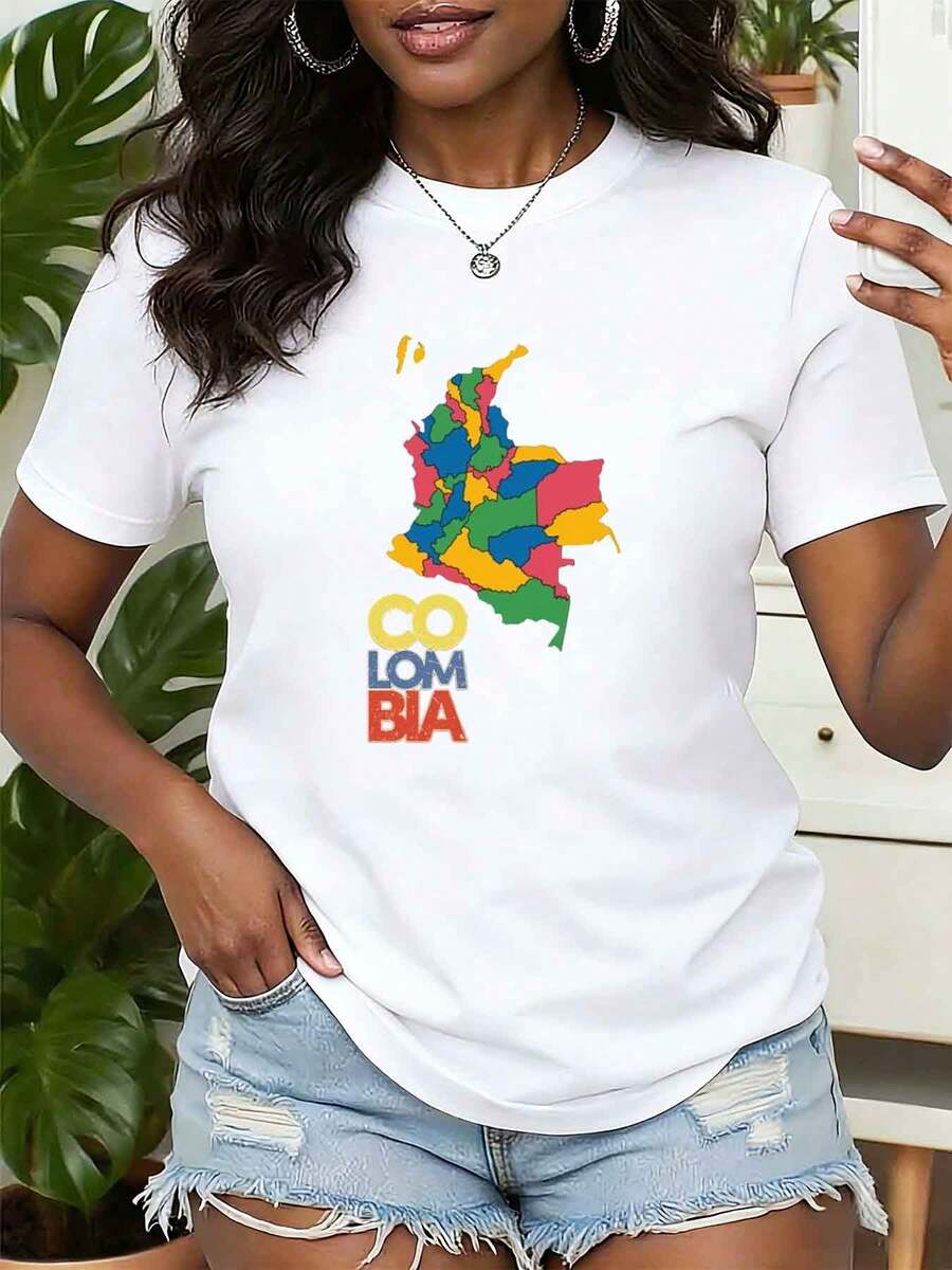 Women T Shirt Colorful Colombia Map Print And Text Logo Round Neck Short Sleeve Casual Top For Everyday Wear Gift Idea Colombia 220g - White - View 1
