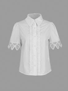 ii Blusa de verano de unicolor con cuello elegante y adorno de encaje floral - Blanco - Ver 5