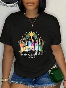 Nativity Scene With Star And Text Graphic T-Shirt For Women, Oversized Crewneck Tees Casual Wear, Spring Cotton Tops Short Sleeve, Summer Basic Tees, Funny Clothes For Women - Black - View 1