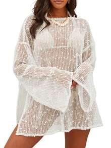 Womens Swimsuit Crochet Cover Up Sexy Boat Neck Bathing Suit Summer Long Sleev Beach Dress Coverup Bikini - 白色 - 查看 1