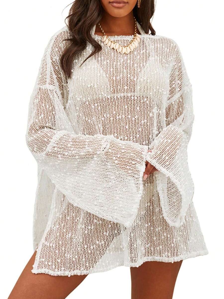 Womens Swimsuit Crochet Cover Up Sexy Boat Neck Bathing Suit Summer Long Sleev Beach Dress Coverup Bikini - 白色 - 查看 1